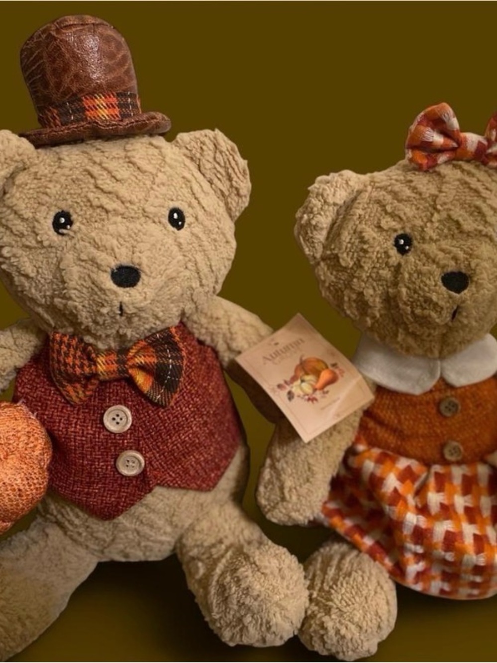 TWO Plush Fall Harvest Teddy Bear - Beige with matching outfits